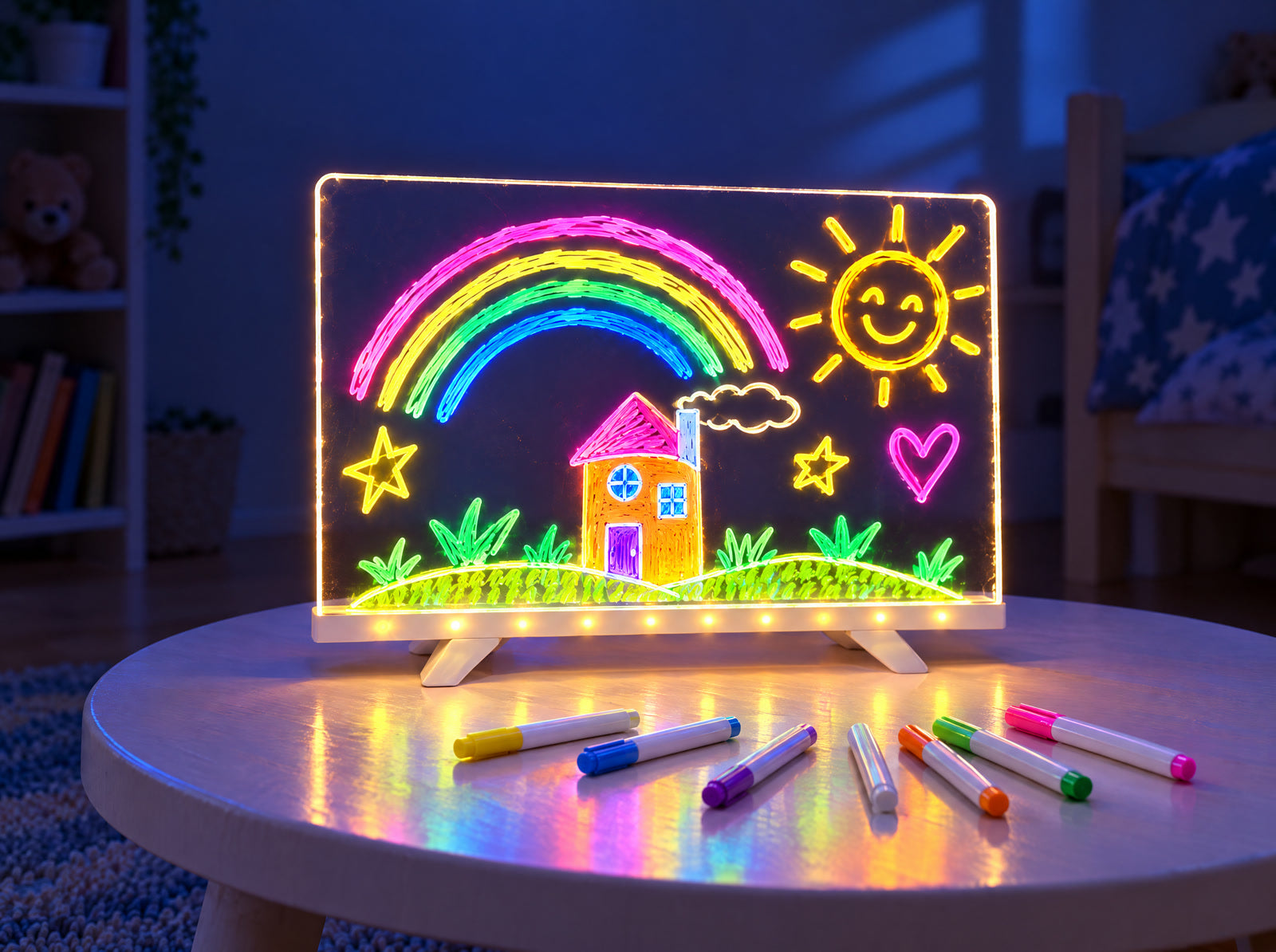 The clear light-up drawing board glowing with colorful marker doodles, with seven markers on the table.