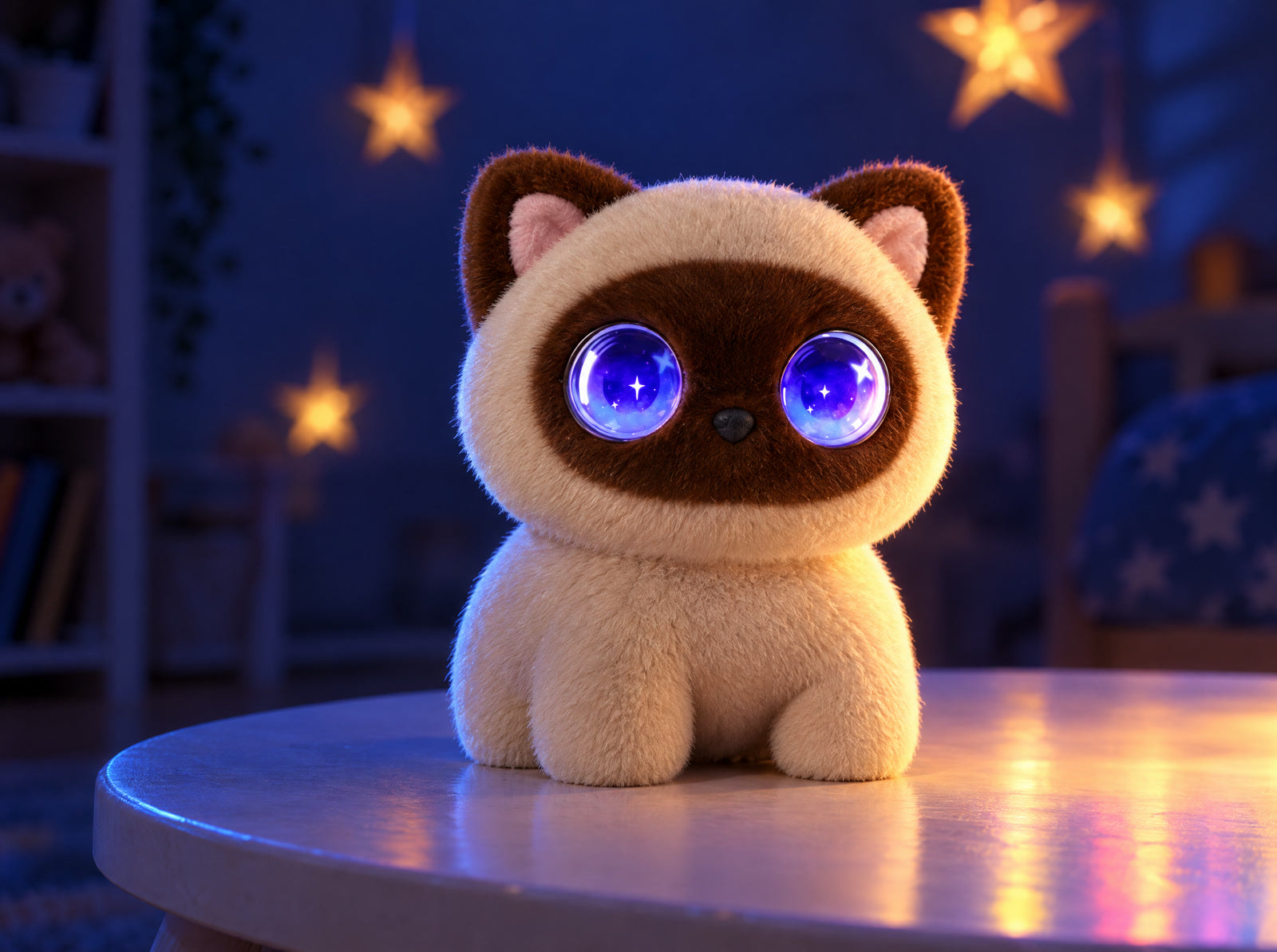 The soft Siamese plush cat with big starry violet eyes, sitting in warm glowing light.
