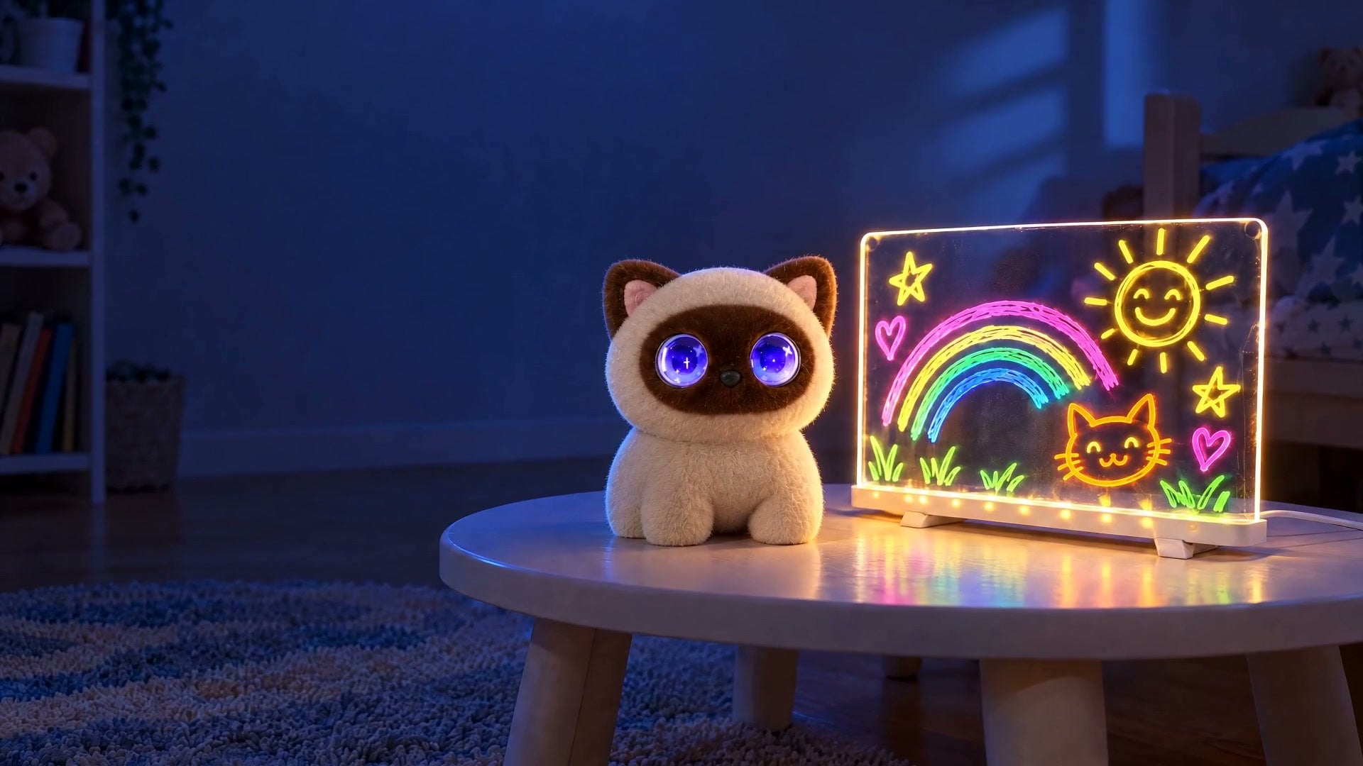 The PimziKids drawing board and plush cat glowing together on a play table at night.